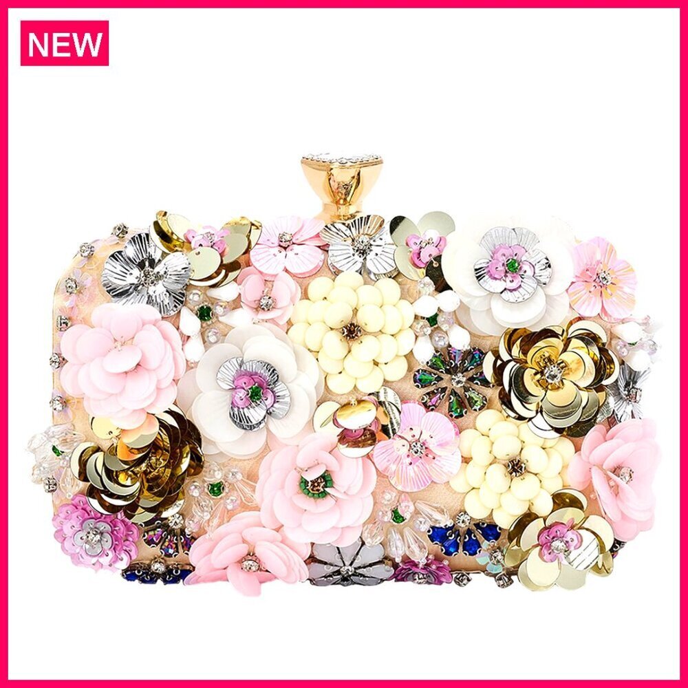 Satin Evening Clutch with 3D Beaded Flowers, Detachable Chain, 7.87"L